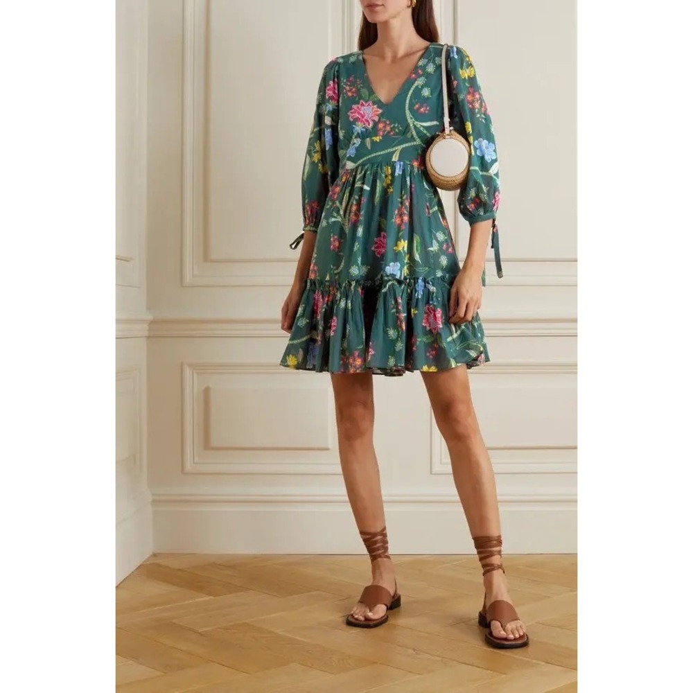Cara Cara Millbrook Dress Green Pink Floral Size XS Mini Flouncy Chic Feminine